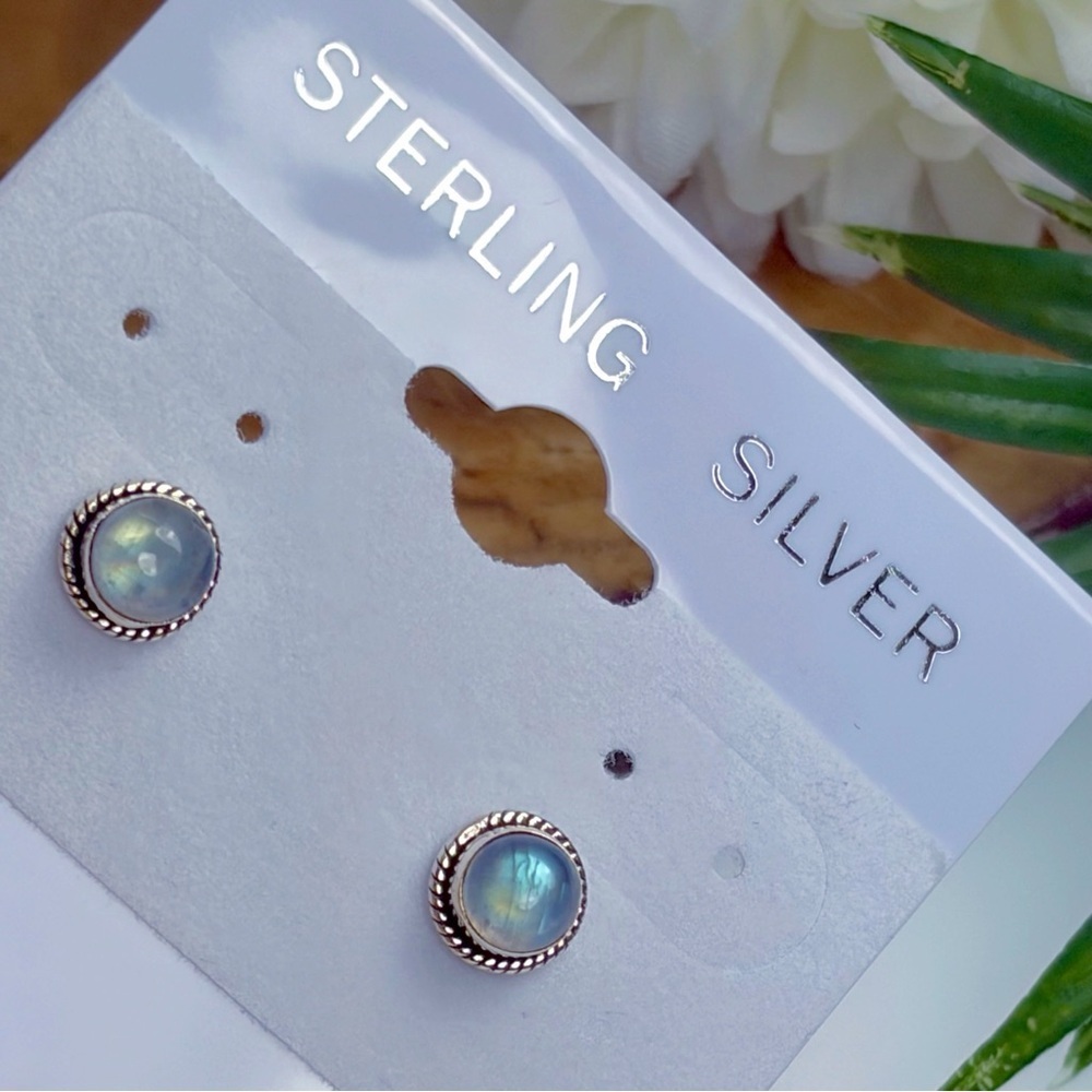 Pure Sterling Silver 925 Rainbow Moonstone Stud Earrings Southwest Blue Yellow - Picture 5 of 7